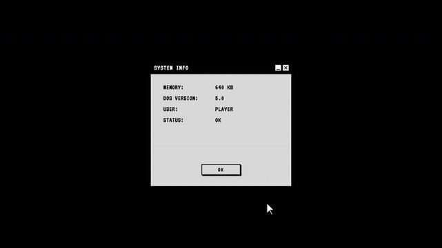 Animated retro pixel art 4K system info dialog window overlay with mouse cursor click interaction for vintage style computing or retro