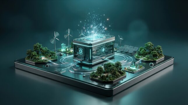 3D render of a futuristic energy hub with glowing circuits and miniature landscapes