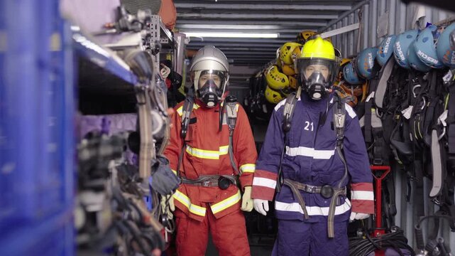 Firefighters checking safety breathing mask for colleague at station