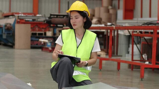 Asian woman worker with helmet and safety vest holding clipboard and working at manufacturing factory. Woman staff inspecting metal sheets in industrial site. Inspector checking quality of product.
