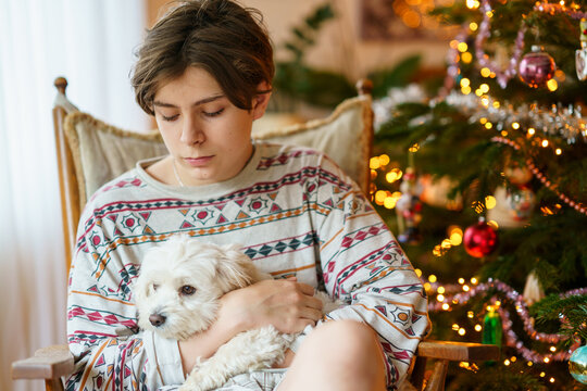 Teenage boy sitting indoors holding a small dog next to a decorated Christmas tree with warm lights, calm cozy holiday moment at home.
