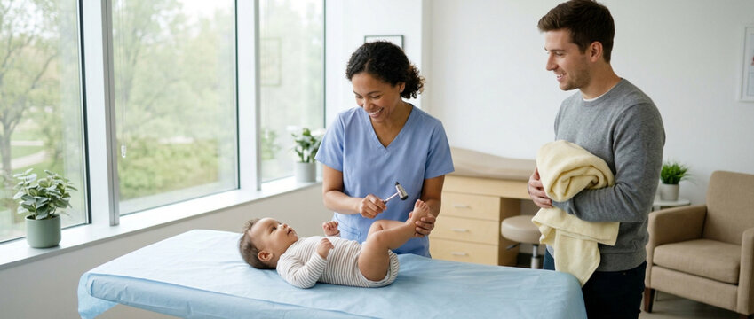 Pediatrician examines baby with reflex hammer, father watches in clinic