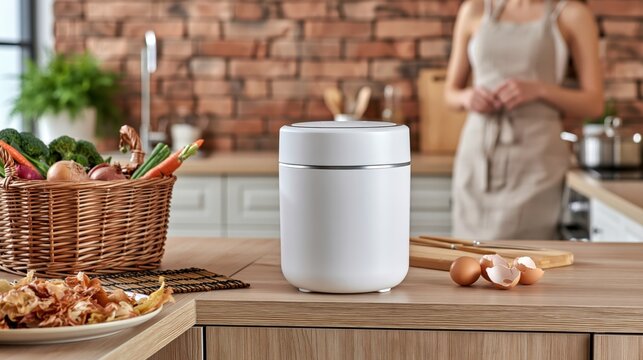 Countertop food composter with eggshells and scraps sits before blurred woman