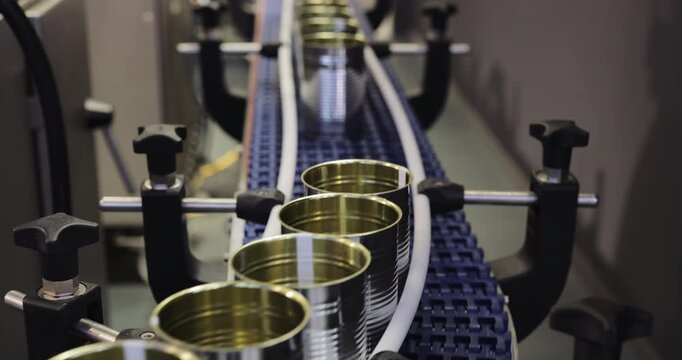 Empty metal food cans move in grouped rows along guided packaging conveyor. Automated accumulation system controls spacing before filling and sealing process