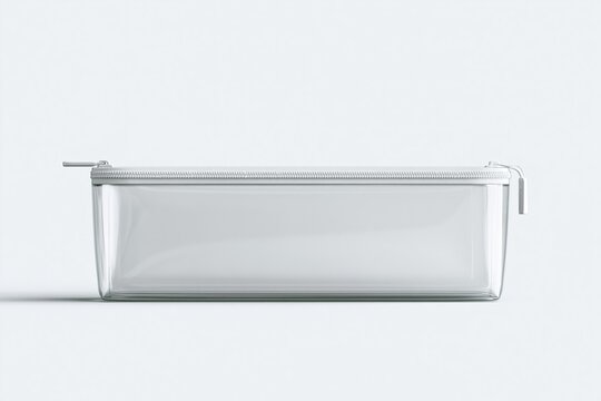 Clear, rectangular pencil case with zipper closure.