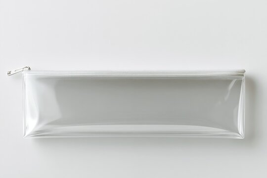 Clear, rectangular pencil case with zipper closure.