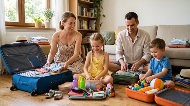 Family packing suitcases together at home