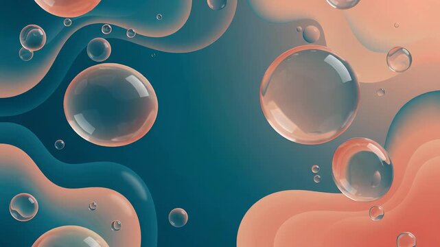 Stunning 3D water bubbles serum video background featuring floating transparent liquid drops, elegant peach orange and deep blue fluid wave motion for beauty skincare product promotion