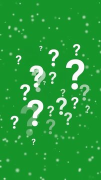 Animated question marks floating in abstract green space with subtle particle effects suggesting inquiry