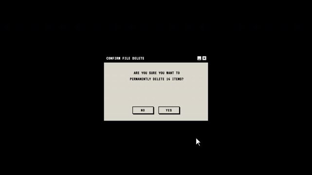 Animated retro pixel art 4K delete file confirmation dialog window overlay with cursor click action for vintage computer gaming
