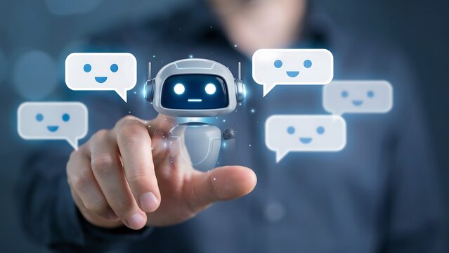 Hand touching a friendly robot chatbot with speech bubbles in a digital network concept during communication