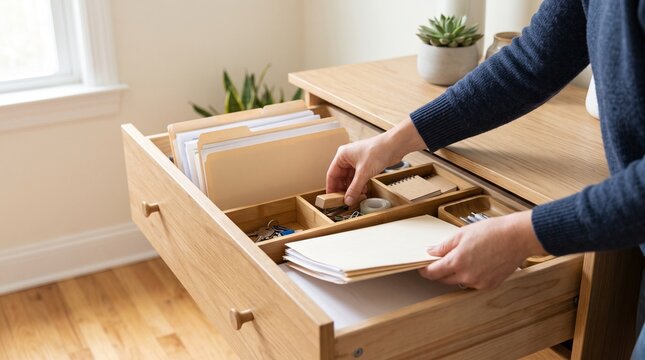 Woman organizing office supplies in wooden desk drawer