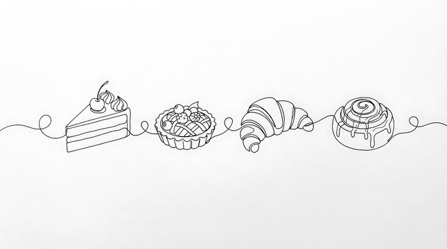 Set of bakery goods pastries cake slice croissant and muffin in continuous line art style with croissant continuous minimalist