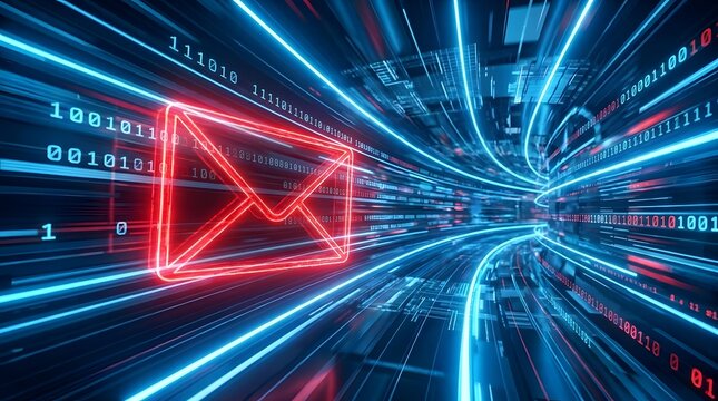 Neon Red Email Icon Traveling Through a High Speed Blue Digital Tunnel with Binary Code Representing Cyber Communication
