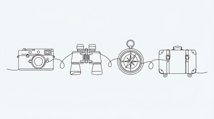 Obraz premium Continuous line drawing of travel gear including a camera binoculars compass and suitcase for vacation with vacation