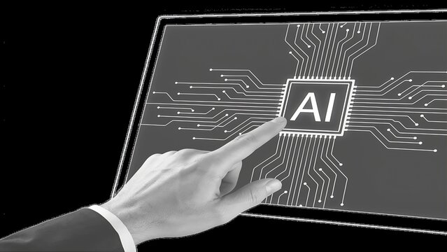 Hand touching AI chip on futuristic screen representing artificial intelligence technology concept