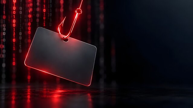 Glowing Red Fishhook Catching a Blank Card in a Binary Code Matrix Depicting Identity Theft and Data Fraud
