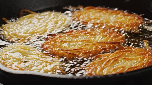 Frying traditional Jewish latkes potato pancakes in oil for Hanukkah holiday