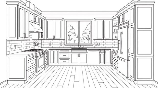 Modern kitchen interior design in continuous line sketch with interior continuous architecture minimalist illustration renovation