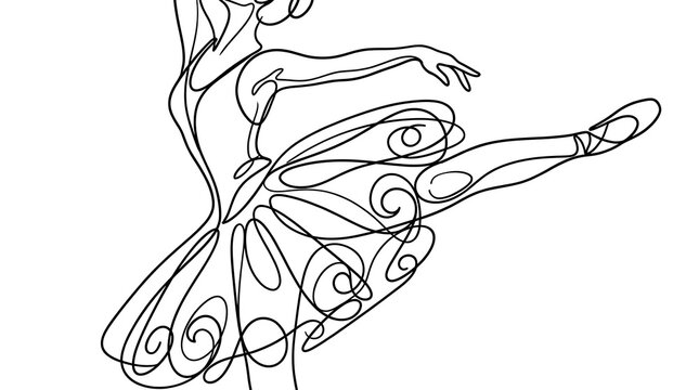 Continuous line art drawing of a graceful ballerina performing a dance move in a classic tutu with ballerina performer performance