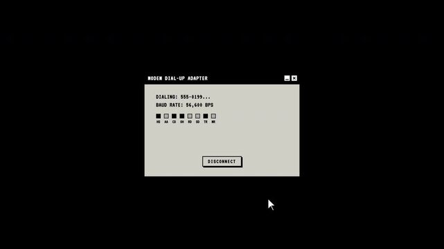 An animated retro pixel art 4K dial up modem connection dialog window overlay with classic loading progress bar for vintage computer theme