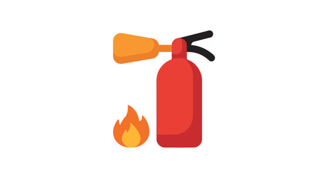 Red fire extinguisher with small flames depicted on a white background