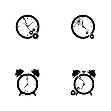 Clock icon set depicting broken timepieces and gears