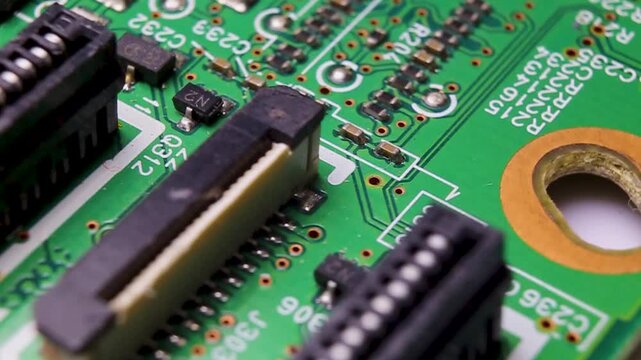 View of a part of an electronic printed circuit board with SMD components, macro video shooting