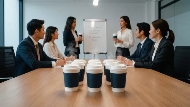 Business - Asian business team in a meeting with coffee cups on the table