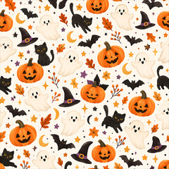 Obraz premium Patrón Halloween cute con fantasmas calabazas gatos y sombreros de bruja.