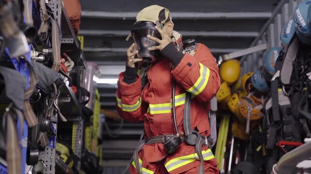 Firefighter equipping full face breathing mask before operation