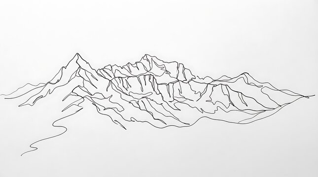 Single line sketch art of rugged mountain range landscape with mountain landscape adventure minimalist monochrome wilderness