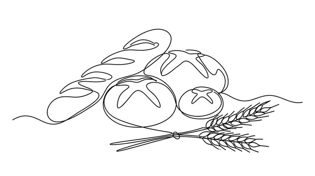 Continuous line drawing of rustic bakery breads and wheat stalks with baguette homemade breakfast monochrome illustration