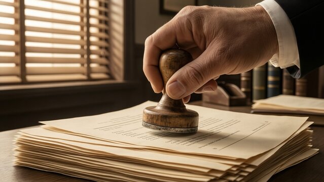 Business - man hand stamping document on office desk