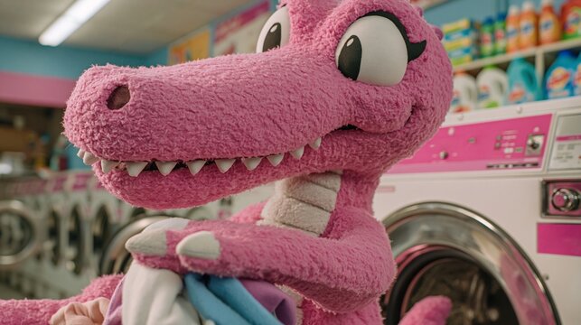 Pink dinosaur mascot costume doing laundry in bright modern laundromat with washing machine