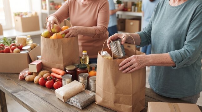 Mains de femmes b&eacute;n&eacute;voles pr&eacute;parant des sacs de provisions pour une banque alimentaire. Concept de don alimentaire, solidarit&eacute; et entraide communautaire