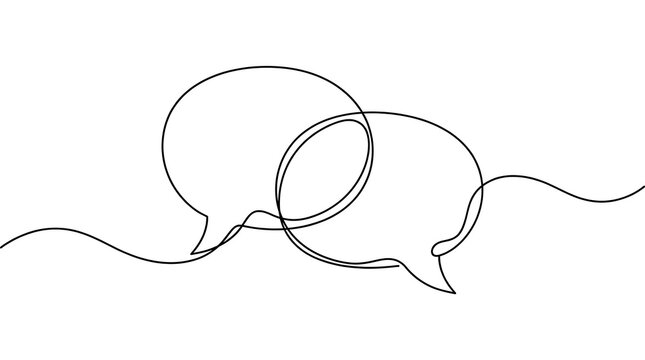 Continuous single line drawing of two speech bubbles intersecting as a symbol of conversation and communication with communication