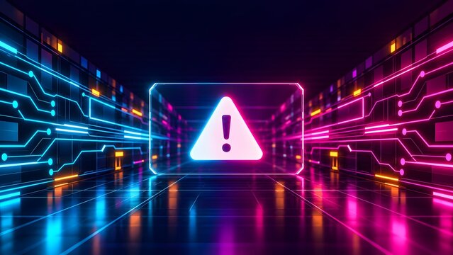 Bright Red Glowing Exclamation Mark Alert Inside a Futuristic Neon Datacenter Representing a Network Security Breach