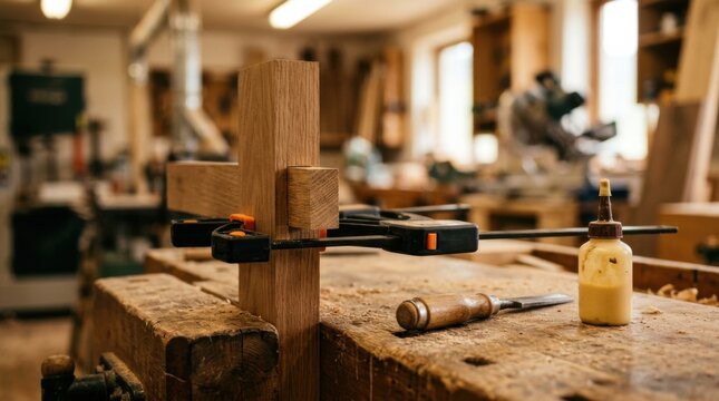 Half-built wood joint secured with a bar clamp beside chisel and glue in a hands-on carpentry training workshop