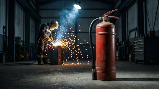 Industrial - Red fire extinguisher in factory with welder working in background