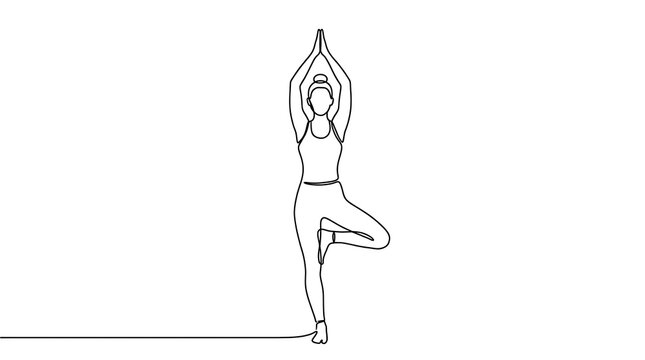 Continuous line drawing of a woman performing the tree yoga pose with exercise meditation wellness minimalist illustration