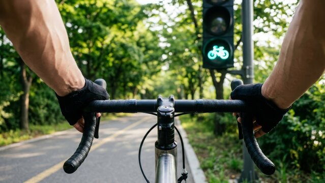 Sports - First person view of a male cyclist riding a bicycle on a road