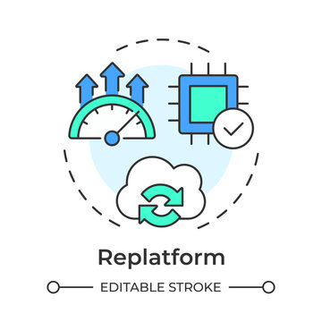 Replatform flat linear concept icon. Enterprise software delivery acceleration. Optimizing backend system performance. Isolated colorful illustration inside dashed circular frame. Round composition