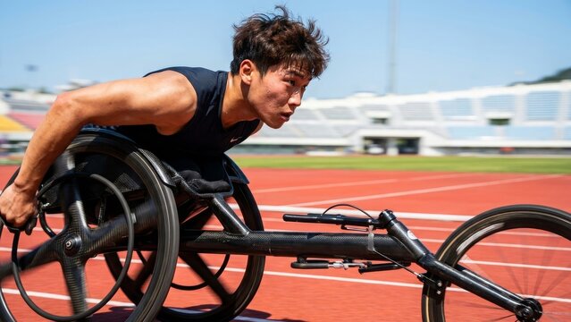 Paralympic Sport - Determined Asian Male Wheelchair Racer Sprinting at Full Speed on Outdoor Athletic Track