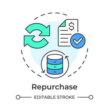 Repurchase flat linear concept icon. Streamlining digital retail workflows. Optimizing modern procurement logistics. Isolated colorful illustration inside dashed circular frame. Round composition