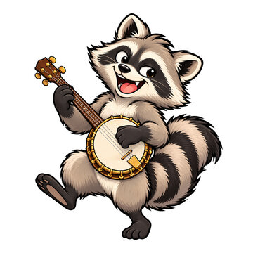 Cheerful Cartoon Raccoon Playing Banjo Illustration