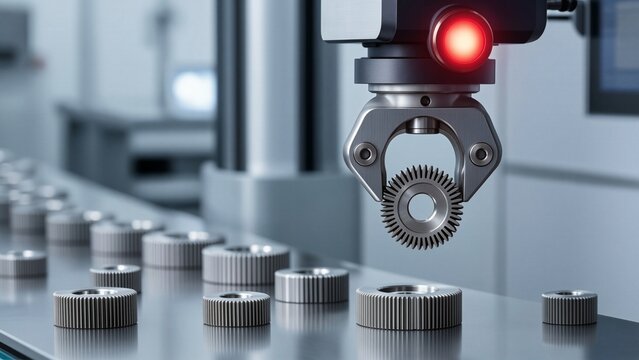 Technology - Robotic arm sorting gears on a conveyor belt in a smart factory