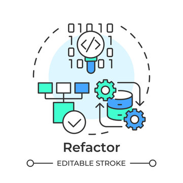 Refactor flat linear concept icon. Modern software engineering standards. Optimizing legacy source code. Isolated colorful illustration inside dashed circular frame. Round composition