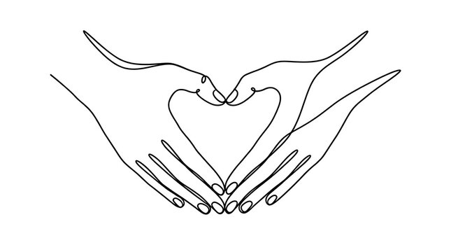 Two hands forming a heart shape using a continuous line style reflecting love and positive emotions with affection kindness positive