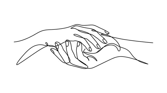 Continuous line drawing of two hands holding each other gently symbolizing comfort support and empathy with friendship